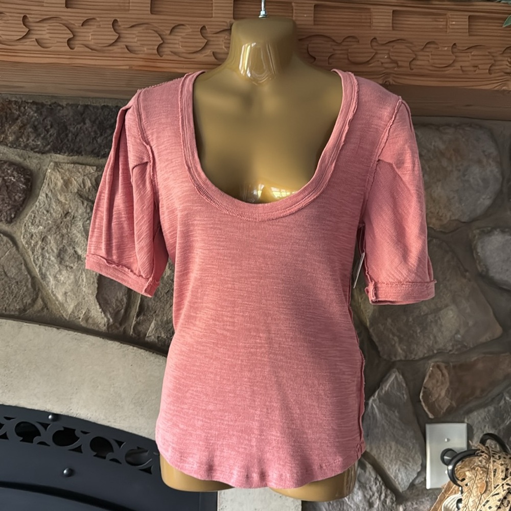 New Free People Ribbed Thermal Pink Puff Sleeve T-Shirt